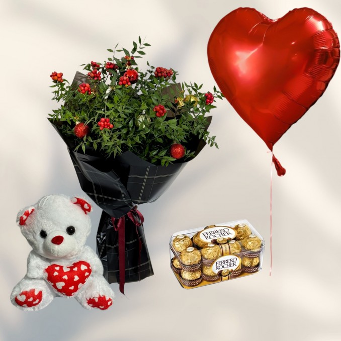 Kokina Buketi 16lı Ferrero Çikolata Ayıcık Kalp Helyum Balon