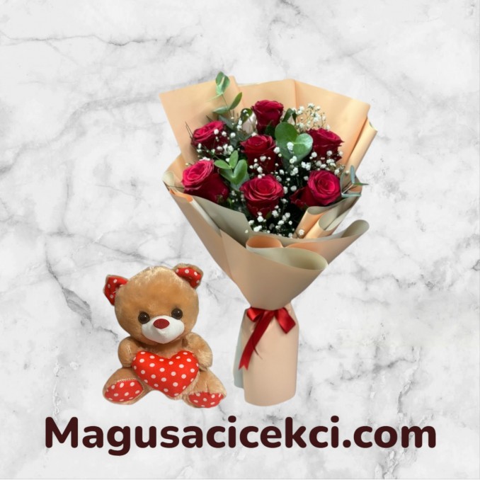 7 Kırmızı Gül Buketi ve Ayıcık