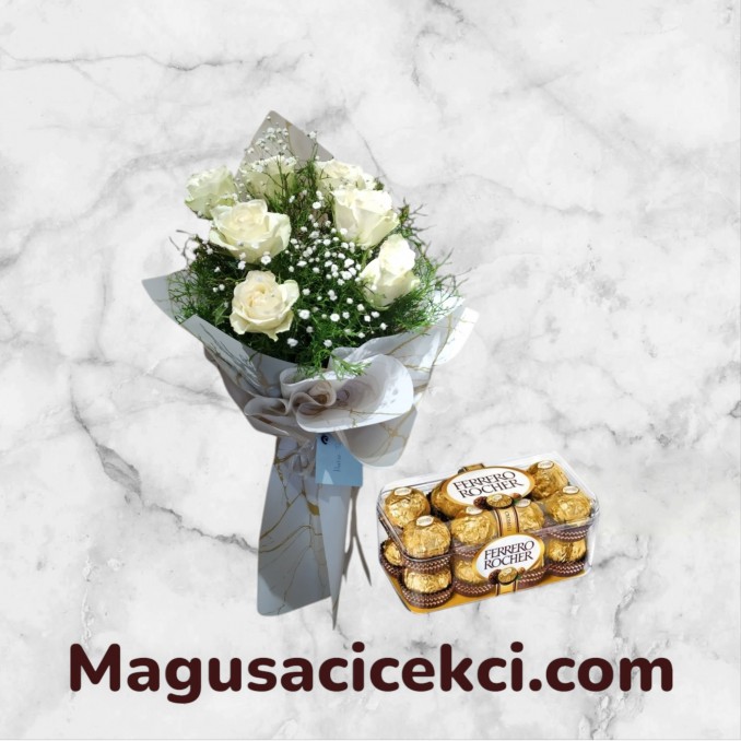 7 Beyaz Gül Buketi ve Çikolata