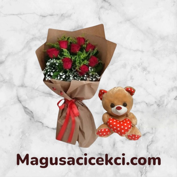 8 Kırmızı Gül Buketi ve Ayıcık