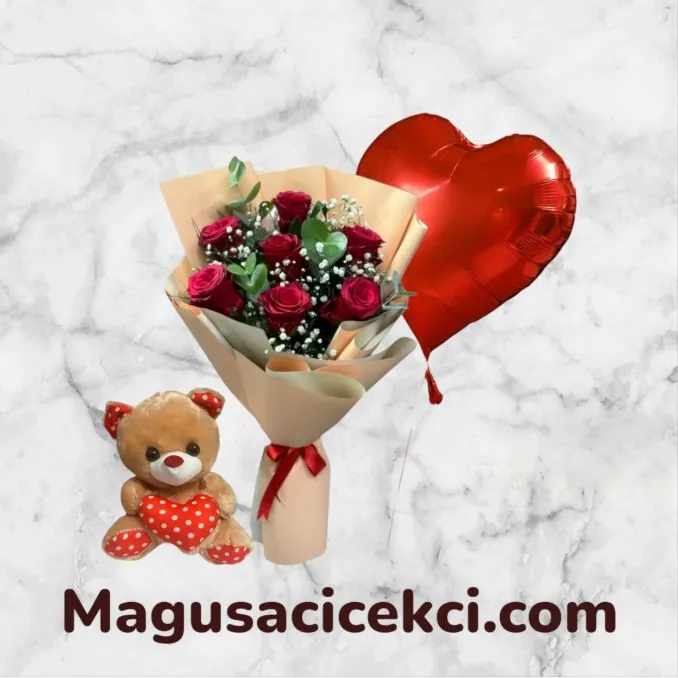 7 Kırmızı Gül Buketi Ayıcık ve Balon