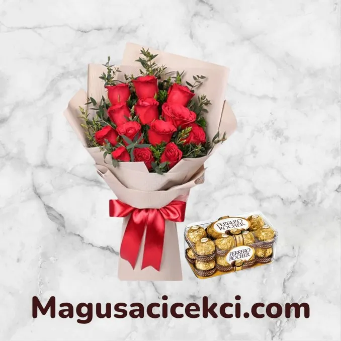 13 Kırmızı Gül Buketi ve Çikolata