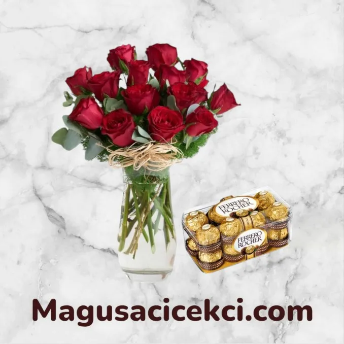 Vazoda 15 Kırmızı Gül ve Çikolata