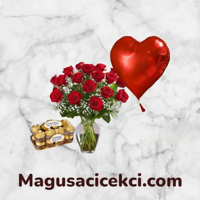 Vazoda 21 Kırmızı Gül Balon ve Çikolata