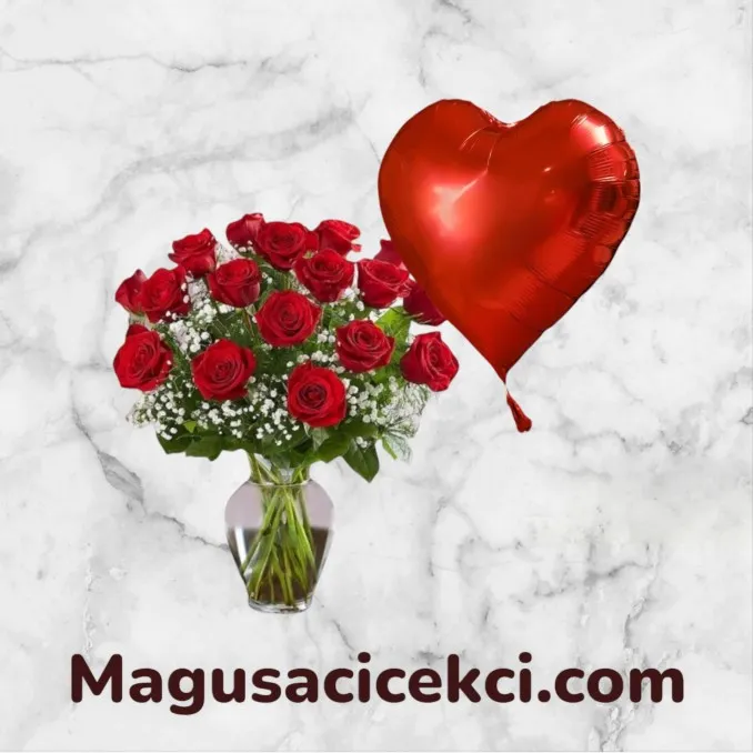 Vazoda 21 Kırmızı Gül Ve Balon