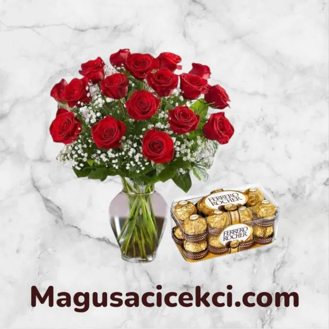 Vazoda 21 Kırmızı Gül ve Çikolata