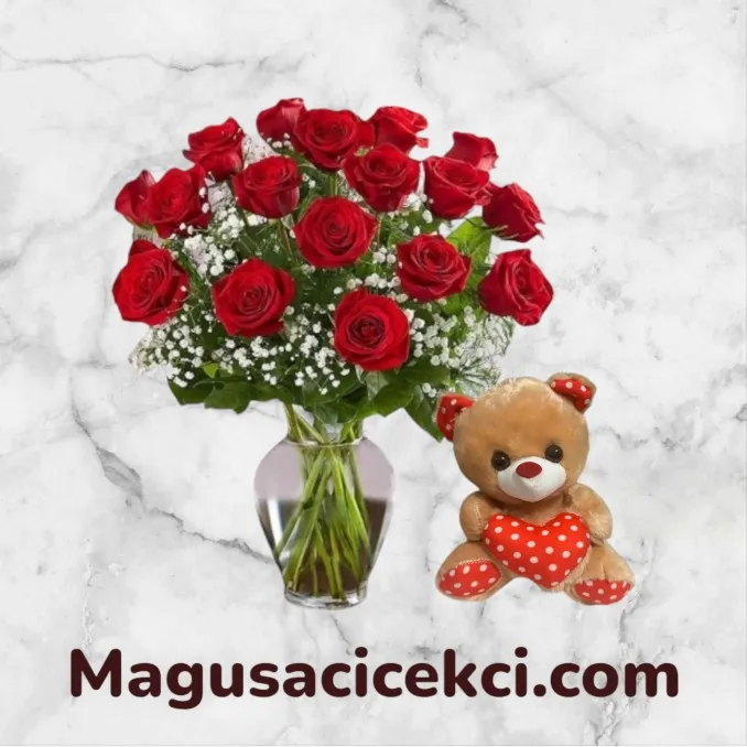 Vazoda 21 Kırmızı Gül ve Ayıcık