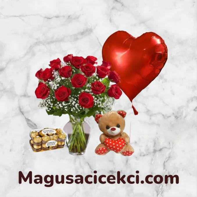 Vazoda 21 Kırmızı Gül Balon Çikolata Ayıcık