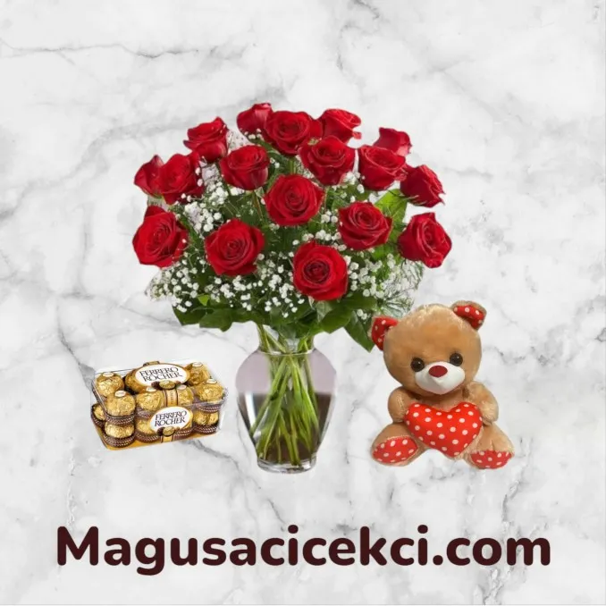 Vazoda 21 Kırmızı Gül Çikolata ve Ayıcık